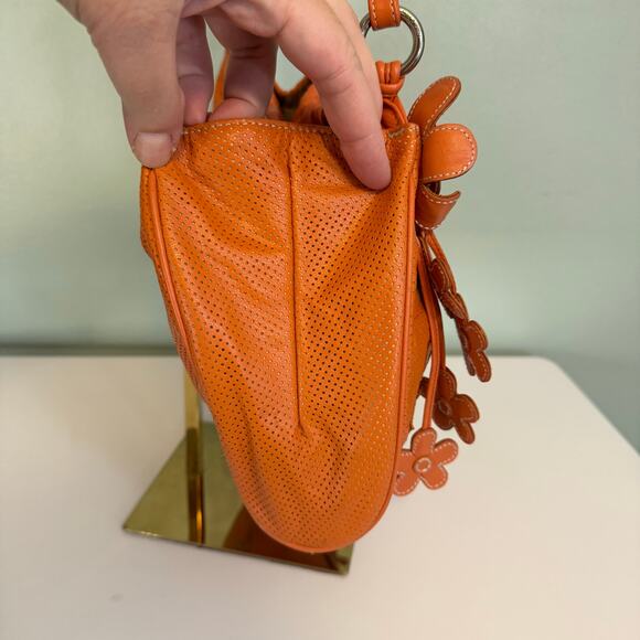 Isabella Fiore Shoulder Handbag Orange Leather Floral Perforated Retro Hippie - Picture 5 of 11